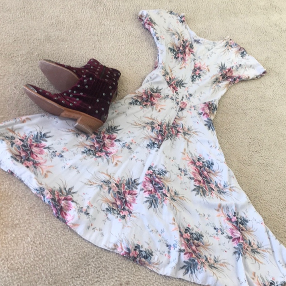 STARINA/80-90’s-ICE BLUE FLORAL V NECK FULL SKIRT MAXI DRESS
